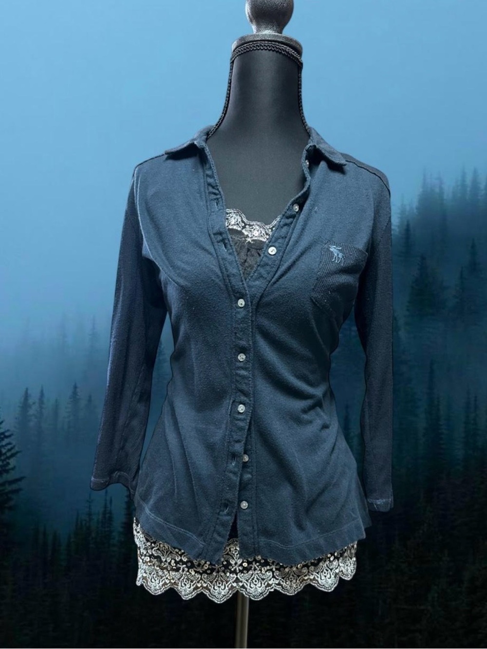 Abercrombie & Fitch Navy Waffle Knit  Small Y2K Preppy Button Front Long Sleeve